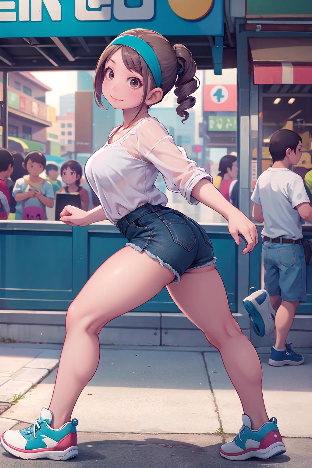 masterpiece, best quality,1girl,young girl,brown eyes,drill hair,evil smile,shiny skin,(nice leg line:1.3),thin waist,huge breasts,
BREAK
, Blue_see-through_blouse, white_camisole_top, blue_denim_shorts, white_sneakers, blue_hairband,
BREAK
around crowd:1.1,depth of field,looking at viewer,from side,full body