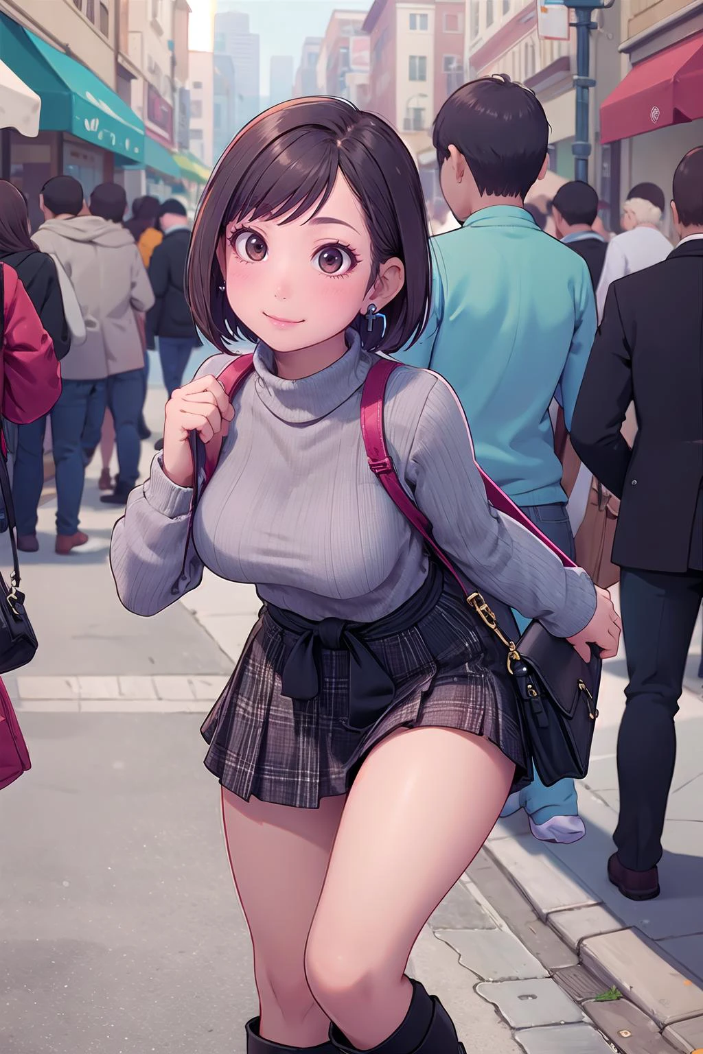 masterpiece, best quality,1girl,young girl,brown eyes,short hair,happy smile,shiny skin,(nice leg line:1.3),thin waist,huge breasts,
BREAK
, Black_turtleneck_sweater, plaid_mini_skirt, black_over-the-knee_boots, statement_earrings, and_a_black_leather_crossbody_bag,
BREAK
around crowd:1.1,depth of field,looking at viewer,from below,upper body