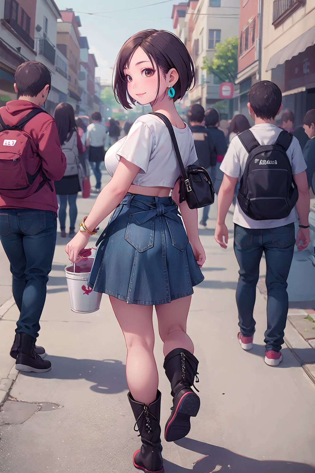 masterpiece, best quality,1girl,young girl,brown eyes,short hair,evil smile,shiny skin,(nice leg line:1.3),thin waist,huge breasts,
BREAK
, Lace-up_crop_top, midi_skirt, knee-high_boots, layered_necklaces, hoop_earrings, bucket_bag,
BREAK
around crowd:1.1,depth of field,looking at viewer,from behind,full body