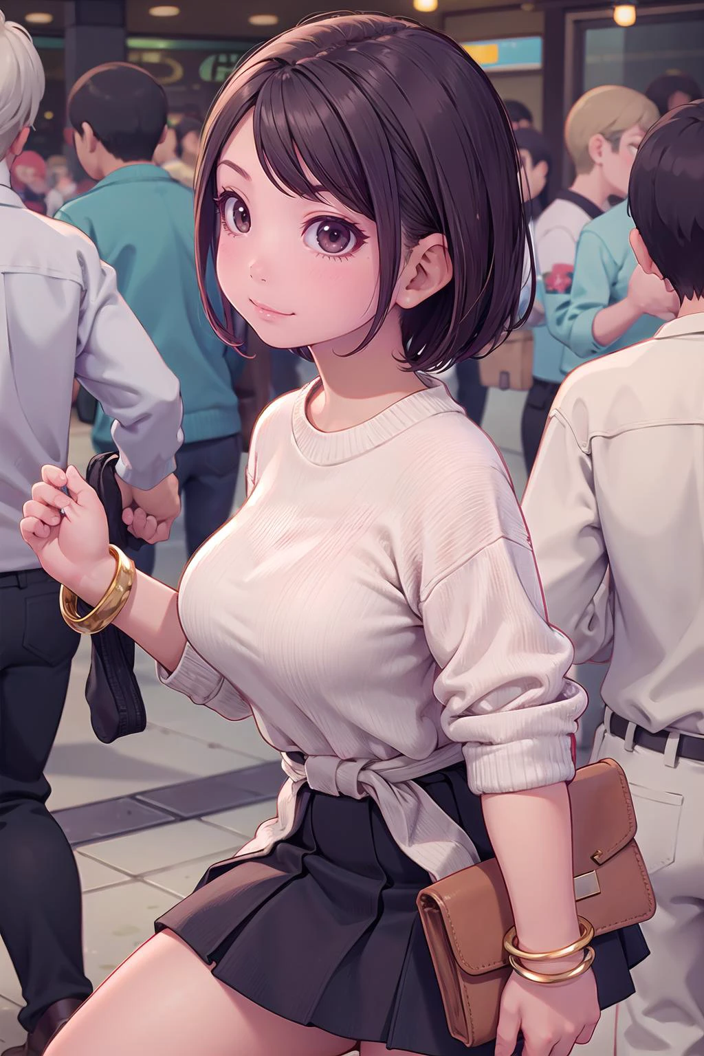 masterpiece, best quality,1girl,young girl,brown eyes,short hair,evil smile,shiny skin,(nice leg line:1.3),thin waist,huge breasts,
BREAK
, White_knit_sweater, black_midi_skirt, knee-high_boots, gold_bangle_bracelets, woven_clutch,
BREAK
around crowd:1.1,depth of field,looking at viewer,from side,upper body