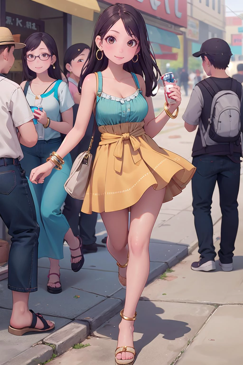 masterpiece, best quality,1girl,young girl,brown eyes,long hair,evil smile,shiny skin,(nice leg line:1.3),thin waist,huge breasts,
BREAK
, Yellow_sundress, tan_wedge_sandals, gold_bangle_bracelets, gold_drop_earrings, woven_crossbody_bag,
BREAK
around crowd:1.1,depth of field,looking at viewer,from front,full body