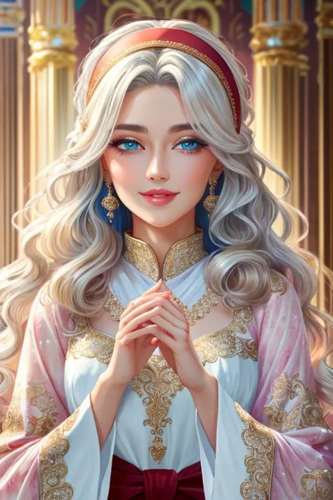 beautiful detailed portrait, a beautiful mature kind woman, long wavy lush white hair, red hairband, beautiful expressive blue eyes, delicate oval face, sharp chin, delicate nose, lush lips, kind gentle smile, bright shining waves of healing life magic, shimmering aura, holy light, beautiful wide lush dress, flowing seethrough sleeves, best quality, extemely detailed