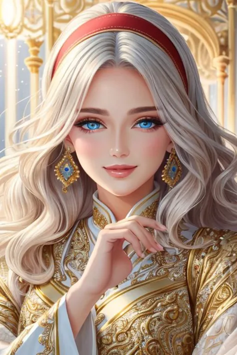 beautiful detailed portrait, a beautiful mature kind woman, long wavy lush white hair, red hairband, beautiful expressive blue eyes, delicate oval face, sharp chin, delicate nose, lush lips, kind gentle smile, bright shining waves of healing life magic, shimmering aura, holy light, beautiful wide lush dress, flowing seethrough sleeves, best quality, extemely detailed