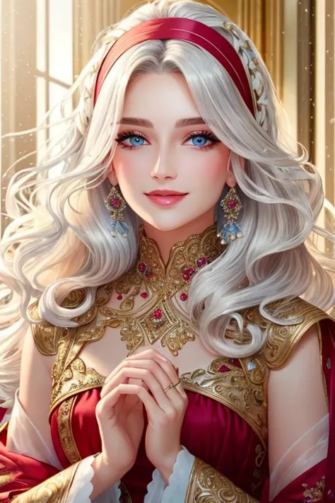 beautiful detailed portrait, a beautiful mature kind woman, long wavy lush white hair, red hairband, beautiful expressive blue eyes, delicate oval face, sharp chin, delicate nose, lush lips, kind gentle smile, bright shining waves of healing life magic, shimmering aura, holy light, beautiful wide lush dress, flowing seethrough sleeves, best quality, extemely detailed