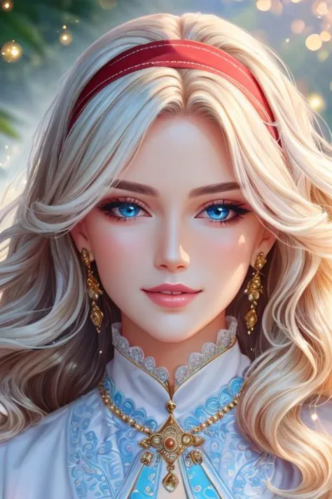 beautiful detailed portrait, a beautiful mature kind woman, long wavy lush white hair, red hairband, beautiful expressive blue eyes, delicate oval face, sharp chin, delicate nose, lush lips, kind gentle smile, bright shining waves of healing life magic, shimmering aura, holy light, beautiful wide lush dress, flowing seethrough sleeves, best quality, extemely detailed