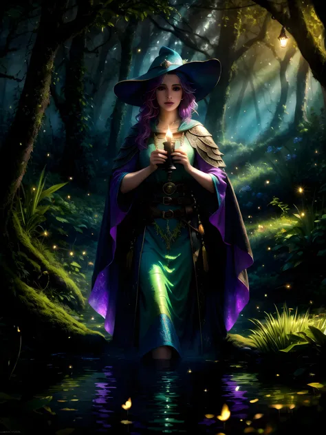 a woman in a witch costume holding a candle in a forest