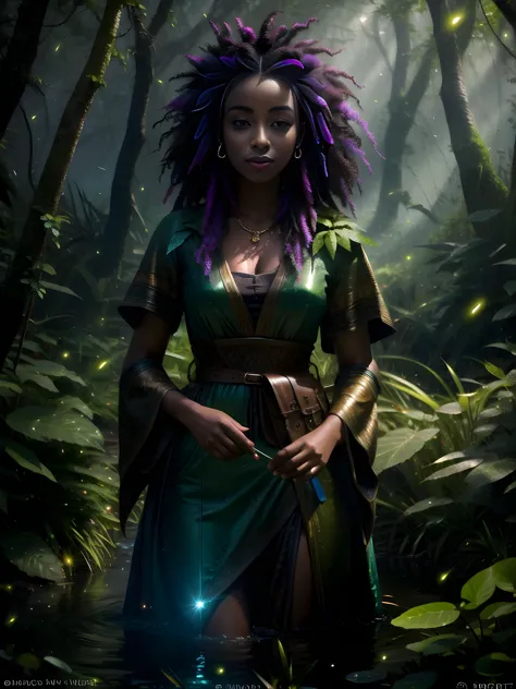 a woman with purple hair and a green dress in a forest