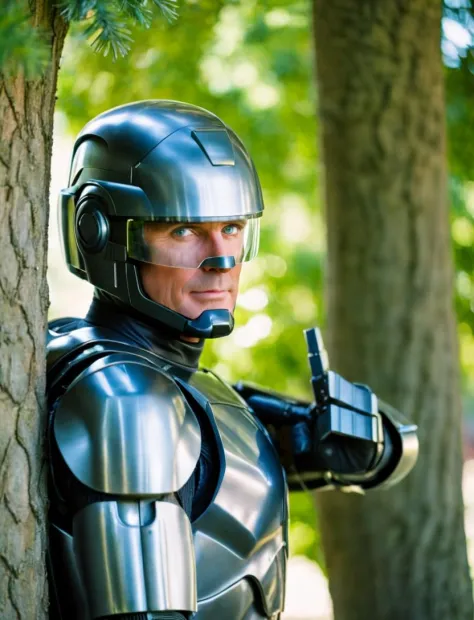 Michaelknight Porträtfoto eines als Robocop verkleideten Mannes, sich hinter dem Baum hervorlehnen, gute Qualität, Hohe Auflösung, schönes Bokeh, professionelle Fotografie 