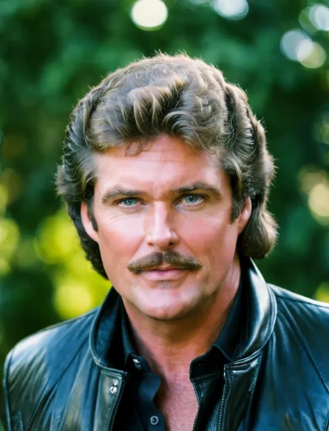 michaelknight close portrait photo of a man wearing black leather jacket, hilarious mustache, romantic, high quality, high resol...