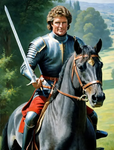 michaelknight portrait painting of a man knight holding a sword and riding a horse, high quality, high resolution, medieval pain...