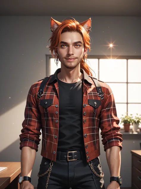 a man with red hair and a cat ears standing in a room