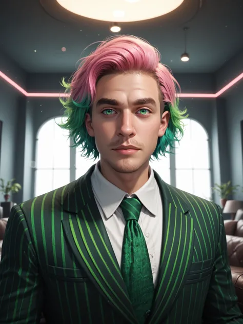 arafed man with pink hair and green tie in a room