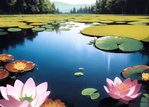 there are many water lillies floating in a pond of water