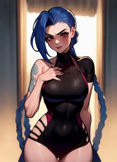 a cartoon image of a woman with blue hair and a black top