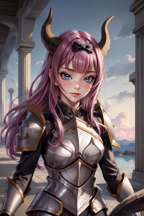 (masterpiece, best quality),  intricate details,
1girl,   chika fujiwara, black bow, blue eyes, blunt bangs, hair bow, long hair, pink hair,,
 slaanesh, horns, (purple armor:1.2), monster girl, demon girl,  tentacles,  
