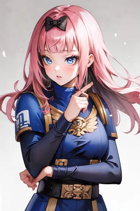 (masterpiece, best quality),  intricate details,
1girl,   chika fujiwara, black bow, blue eyes, blunt bangs, hair bow, long hair, pink hair,,
 Primaris,