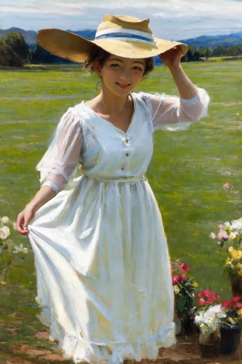 masterpiece, best quality, highres, 1girl white hat white dress outdoors smile <lora:classic_oil_painting:1>