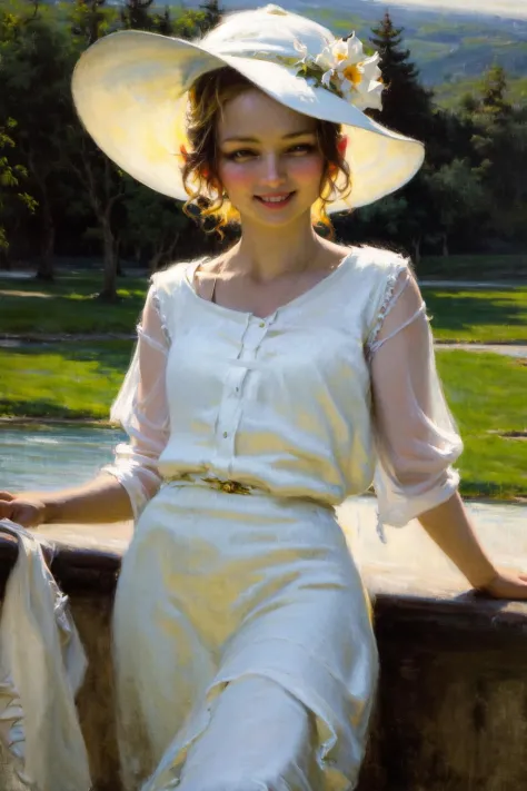 masterpiece, best quality, highres, 1girl, white headwear, outdoors, white dress, smile <lora:classic_oil_painting:1>