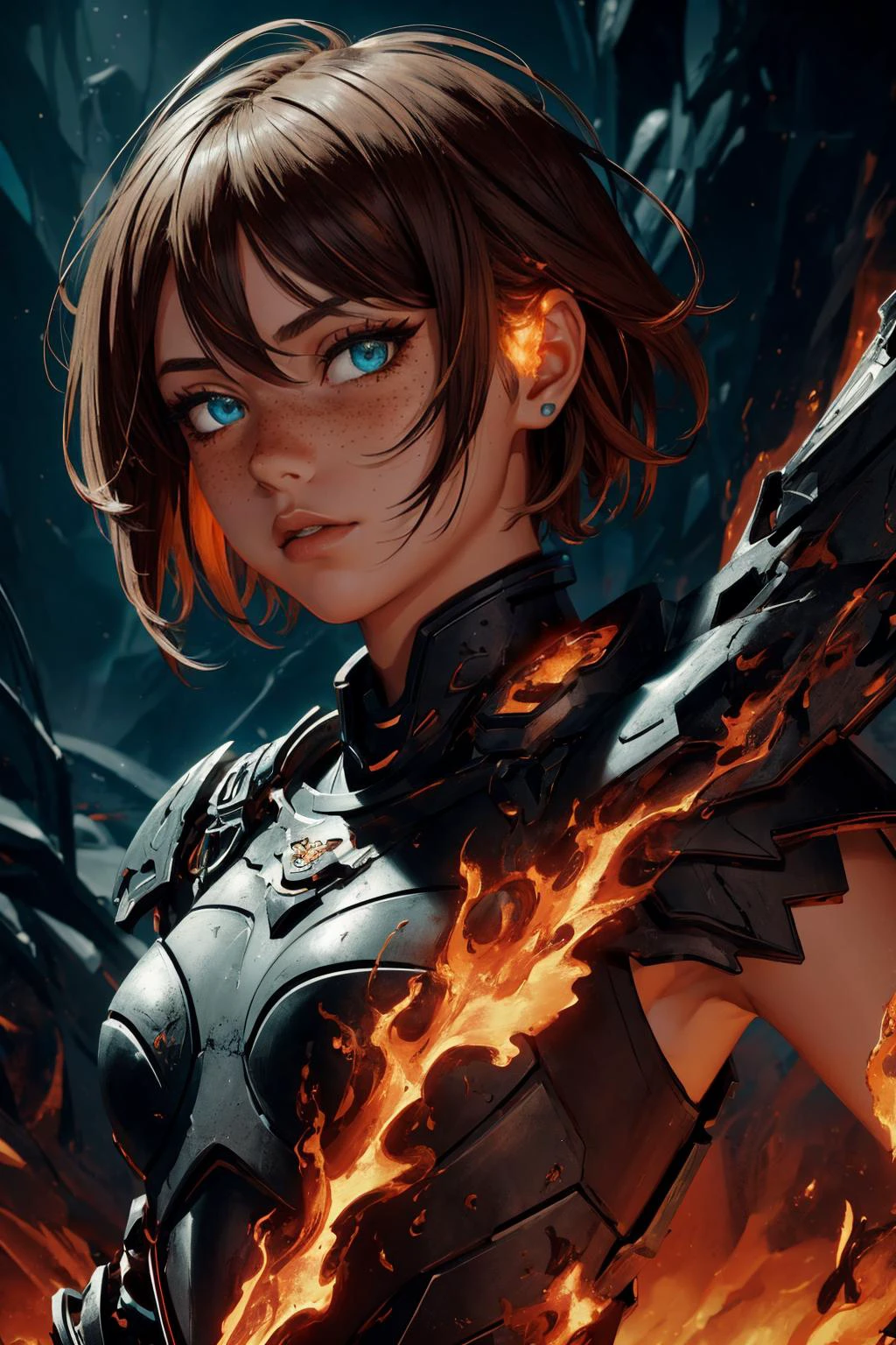 maximum details, cinematic, (abstract art:1.1), dark theme, stylized, deep shadow, 1 girl, adult  woman, freckles, turquoise eyes, medium blonde short hair, 
  solo, upper body, detailed background, detailed face, (lava, MagmaTech theme:1.1)   (mouth open:0.65), elemental fiery armored fighter, [heavy armor:molten rock:2], covered in molten rock, ruby gemstone,  magma, cracks, heat,     obsidian in background,   cinematic fiery atmosphere,
