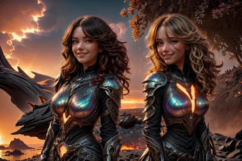 two women in armor standing in front of a sunset