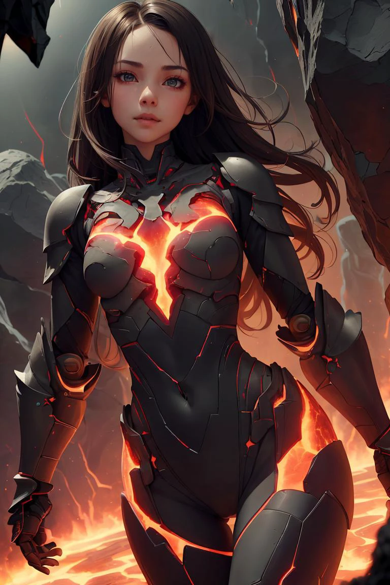 1girl, armored leotard, long hair, beautiful face, symmetrical face, magma core, ultra bright from core,MagmaTech, lava,
