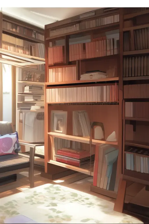 There is a couch and a book shelf in a room - SeaArt AI