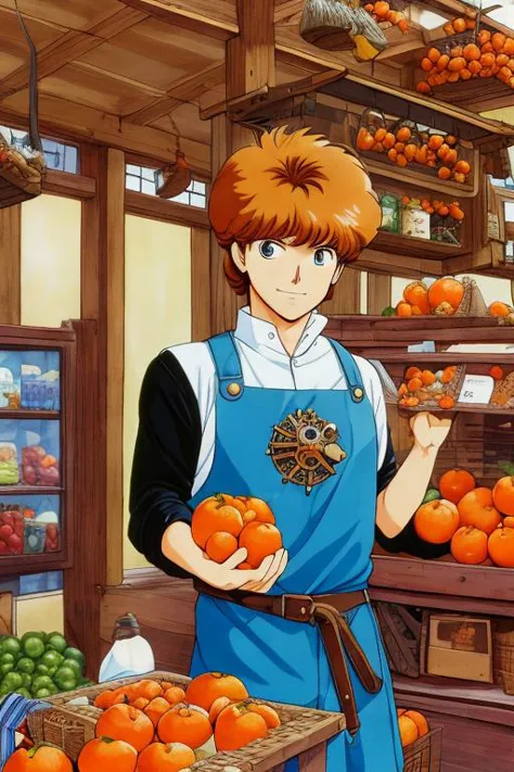 (80s anime style),    BobbyCipher  looking down, solo, half shot, detailed background, detailed face, (<lyco:PunkBundleAI:0.4>, cogpunkai, cogpunk theme:1.1), warm smile, arms spread, store clerk, (black:0.8) rich merchant clothes, apron,  belts, cluttered (medieval market stall:1.1),   (boxes:0.8),   selling wide variety of fruits, grapes, strawberries, apples, plums, pears, peaches, oranges, cherries,