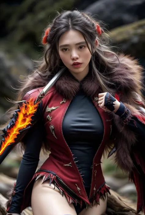 a close up of a woman in a red and black outfit holding a sword