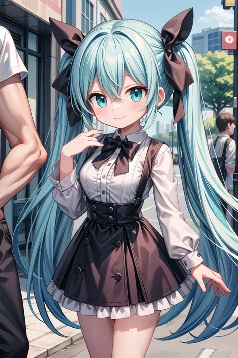 anime girl with blue hair and a bow in a dress