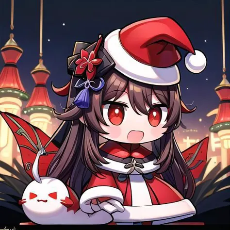 masterpiece, (Best quality:1.2), highres, (scenary), Christmas costume, hood up, Padoru_Meme, open mouth, <lora:hutao1-000009:1>...