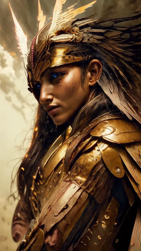 a close up of a woman in a gold costume with feathers