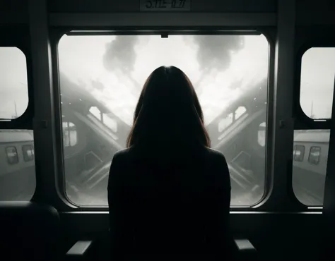 arafed woman looking out of a train window at a train