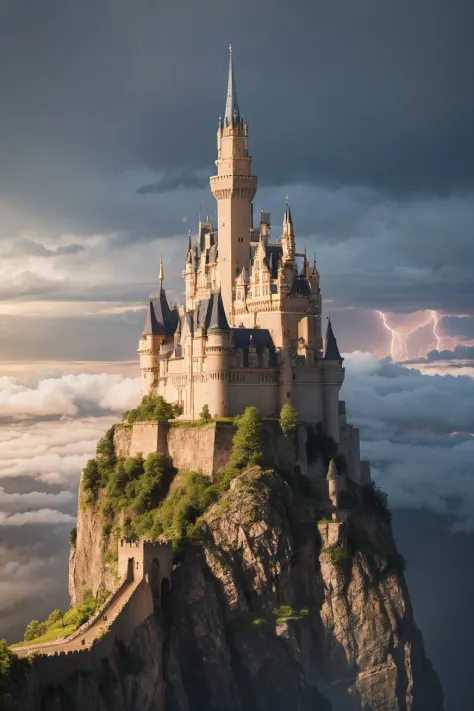 A castle high up in the clouds,  lightning in the background, highres, extremely detailed, 8k photo, best quality, intricate details, realistic,