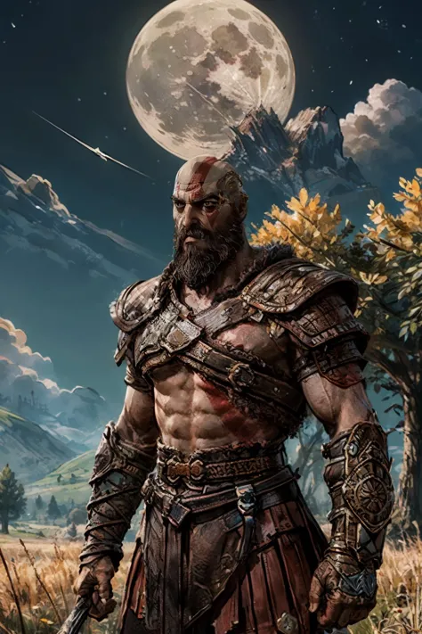 kratosGOW_soul3142, scar, beard, bald, armor, looking at viewer,serious, standing, upper body shot, outside, field, trees, black sky, clouds, moon, fantasy, high quality, masterpiece, <lora:kratos:.6>