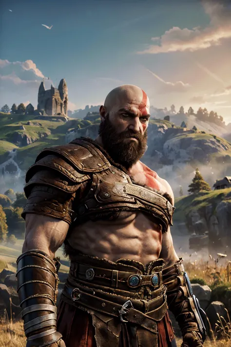 kratosGOW_soul3142, scar, beard, bald, armor, looking at viewer, serious, standing, upper body shot, outside, field, stone pathway, dusk, twilight sky, high quality, masterpiece,  <lora:kratos:.6>