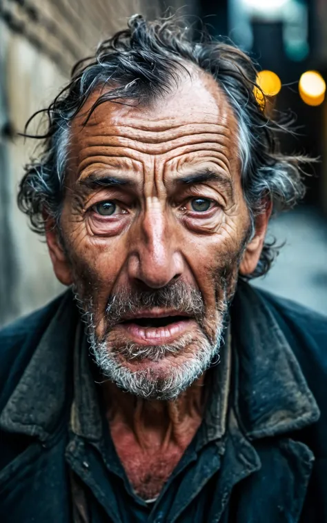 portrait of very old,(150 years old),poor,homeless,tired,man,toothless,open mouth,(intense stare:1.3),in a dirty alley,(headshot...