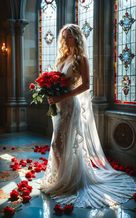 a woman in a wedding dress holding a bouquet of roses