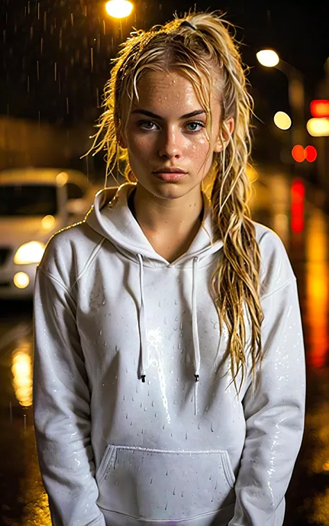 arafed woman in a white hoodie standing in the rain