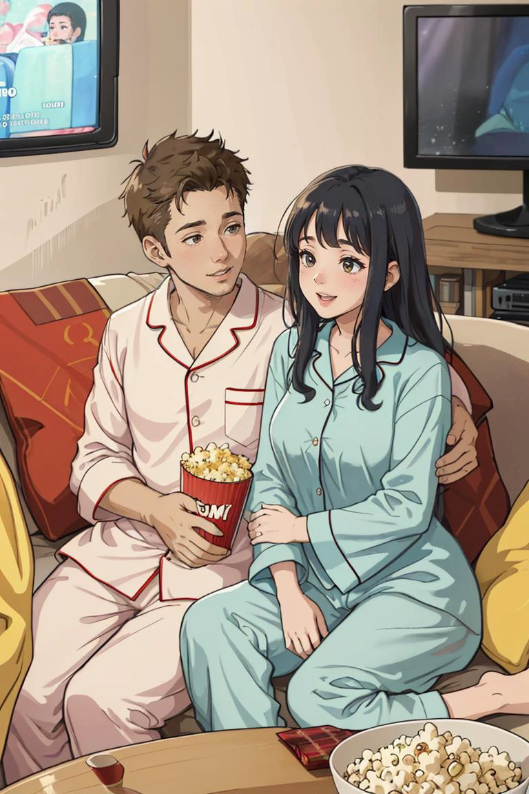 A family is having a movie night in their living room. They are wearing pajamas and slippers, and they have popcorn and soda on the table. They are cuddling and laughing as they watch a comedy film on the TV. The living room (dimly lit:1.2), warm and cozy, and there are some pillows and blankets on the sofa
