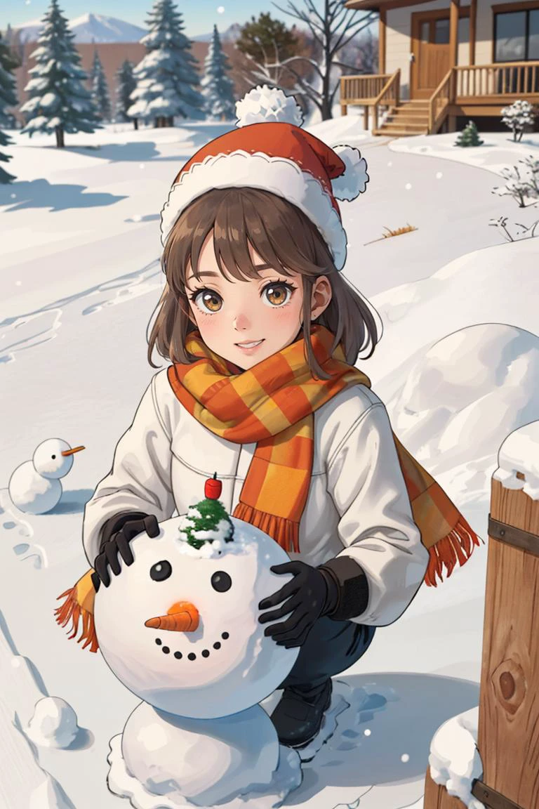 A family is making a snowman in their backyard. They are wearing winter clothes and gloves,and they have a carrot,a scarf,and a hat for the snowman. They are having fun as they roll the snowballs,stack them up,and decorate the snowman. The backyard is white and snowy,and there are some trees and birds around. The scene is wholesome and cozy.,
