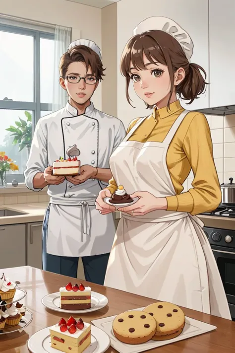 A family is baking a cake in their kitchen. They are wearing aprons and chef hats, and they have flour, eggs, and chocolate on t...