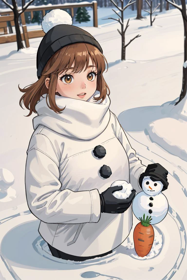 A family is making a snowman in their backyard. They are wearing winter clothes and gloves,and they have a carrot,a scarf,and a hat for the snowman. They are having fun as they roll the snowballs,stack them up,and decorate the snowman. The backyard is white and snowy,and there are some trees and birds around. The scene is wholesome and cozy.,
