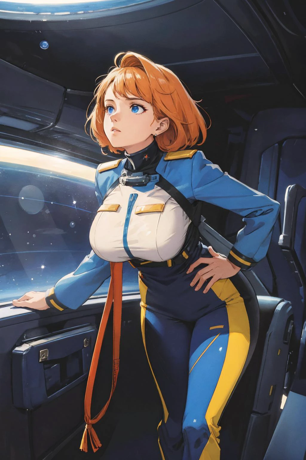 1 woman
beautiful
leaning forward 
outer space
uniform
dramatic lighting
vivid color
 curvature
Pascal Blanch
perspective 
  ( masterpiece ) (best quality)