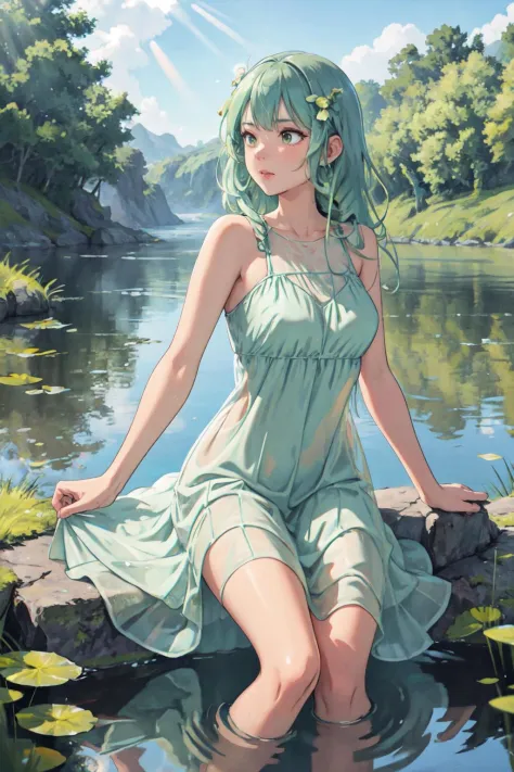 a naiad at her spring. daydreaming. wearing a dress made of pondweed. water distorting light, refracting sunbeams, volumetric li...