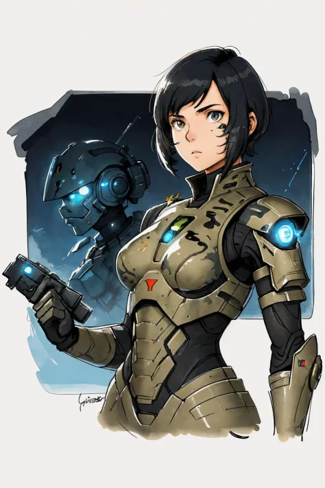 1 female soldier, armor up ,closeup, sci-fi, (Chris Foss, futuristic, ink sketch )