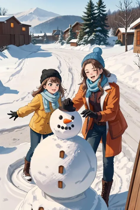 A family is making a snowman in their backyard. They are wearing winter clothes and gloves,and they have a carrot,a scarf,and a ...