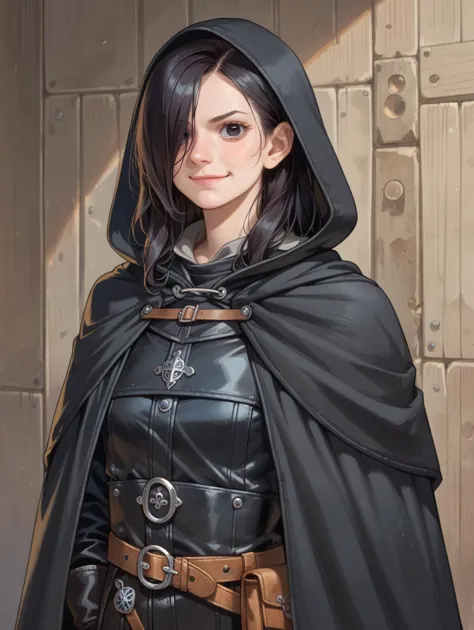 a close up of a woman in a black cloak and a hood