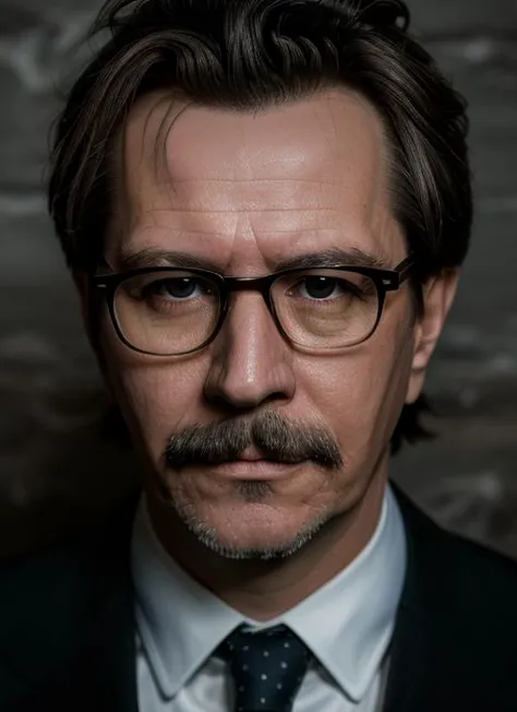 (<lora:GaryOldman:.9>) a close up Portrait photo of (go1) man with dark hair and glasses and mustache, Detailed face, (perfect e...