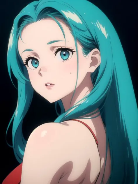 masterpiece, anri, 1girl, green hair, forehead, aqua eyes, solo, long hair, (1980s style:1.3), (anime: 0.91), low resolution