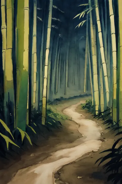 gravel road in the bamboo forest(chinese color_ink painting style),exudes the style of traditional (chinese color_ink painting),